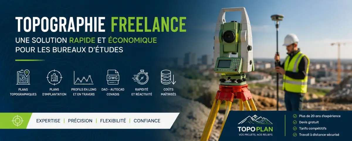 Plans topographiques, plans d’implantation, profils en long et en travers réalisés avec précision. Assistance topographique à distance pour géomètres, bureaux d’études, architectes et promoteurs.